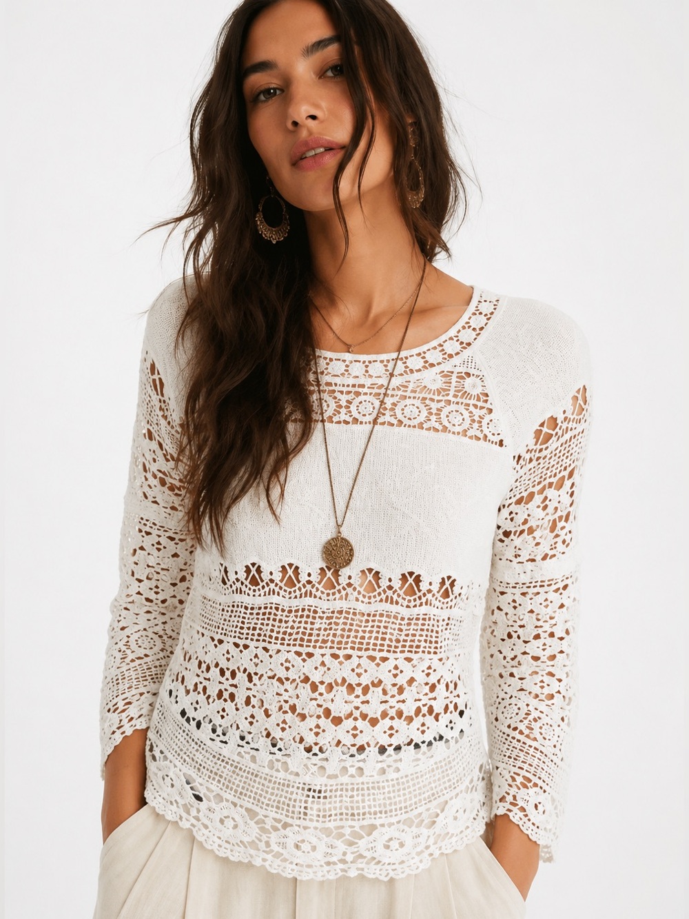 Anthropologie $78 Deletta White Crochet Lace Peasant Top